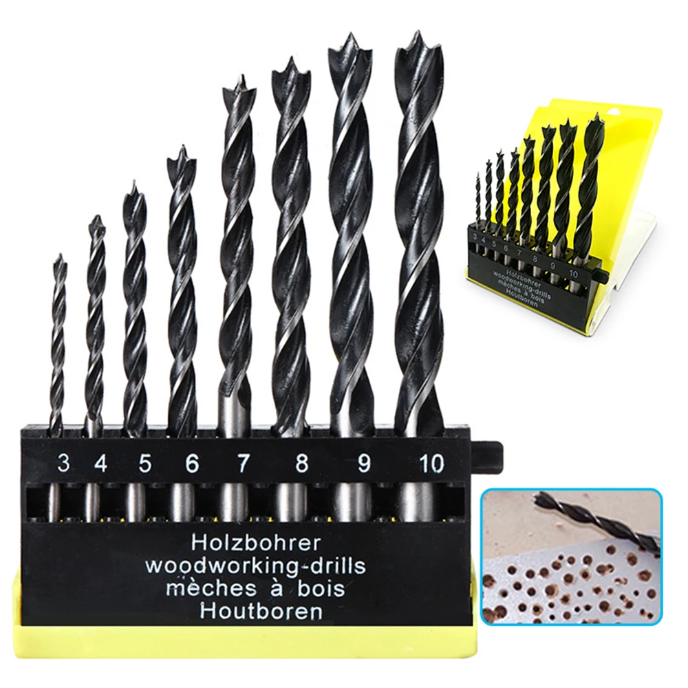 

8Pc Three Pointed Woodworking Drill 3 10mm DC Branch Twist Drill Bit Set Plastic Box Pack For Electric Drilling Tool