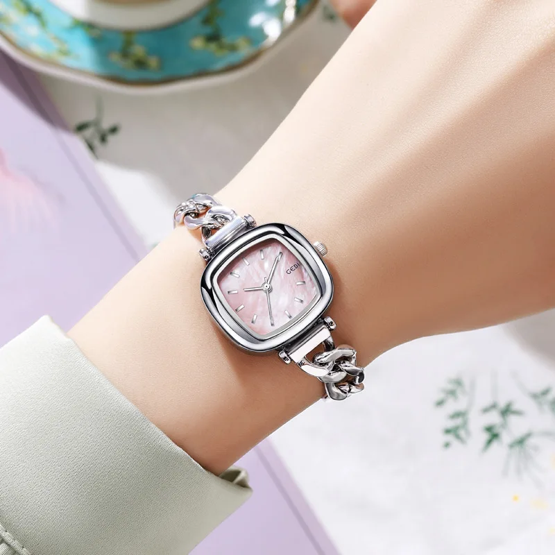 GEDI Korean Fashion Women Watches Luxury Mother of Pearl Quartz Wristwatches for Woman Pink Watch Colorful Chains