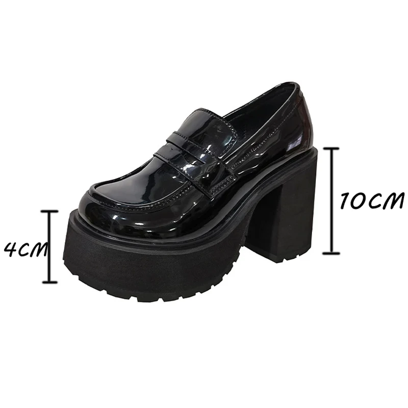 Chunky Platform Loafers Heel Patent Leather Slip on Casual Shoes Women Lady Office Shoes Japanese Lolita Black 10cm Heels Pumps