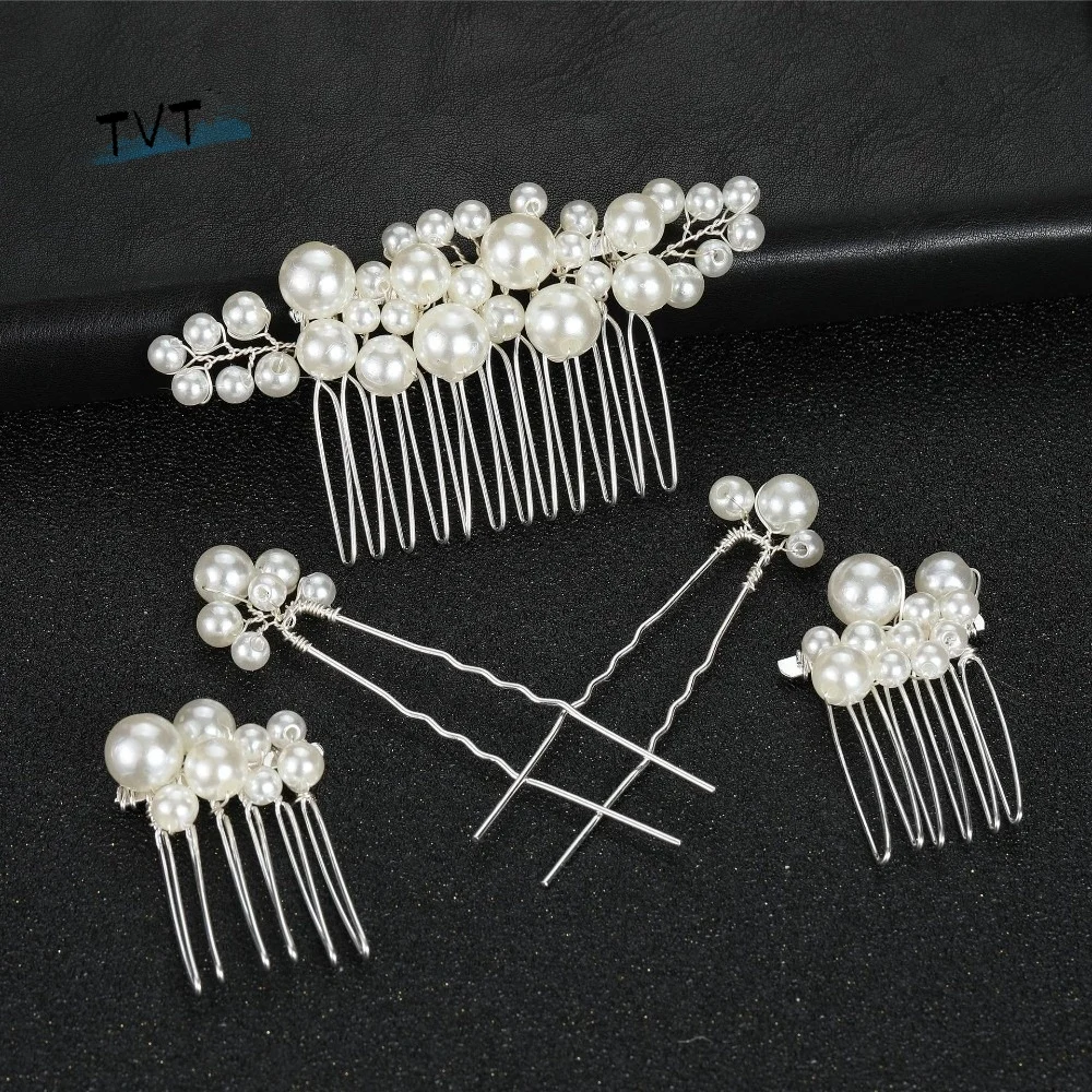 

Luxury Flower Bride Hair Pins Gold Silver Wedding Headwear Tiara Imitation Pearl Hair Fork Headpiece