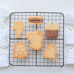 Cute Birthday Cake Abstract Cartoon Bear Cookie Cutter 3D DIY Rabbit Biscuit Cookie Mold Baking Tool Fondant Cake Stamp Mold