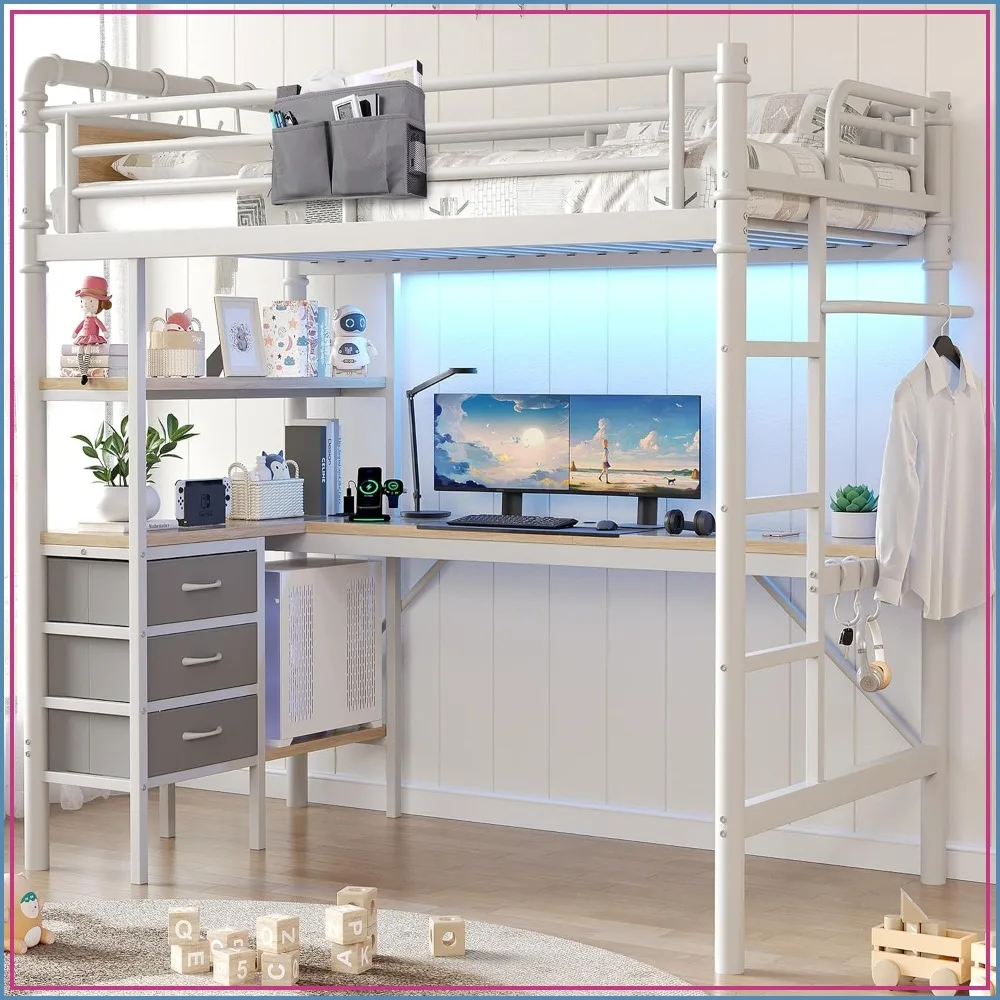 Twin Loft Bed with L-Shaped Desk, LED Lights, Charging Station, Metal Frame, Storage Shelves, White