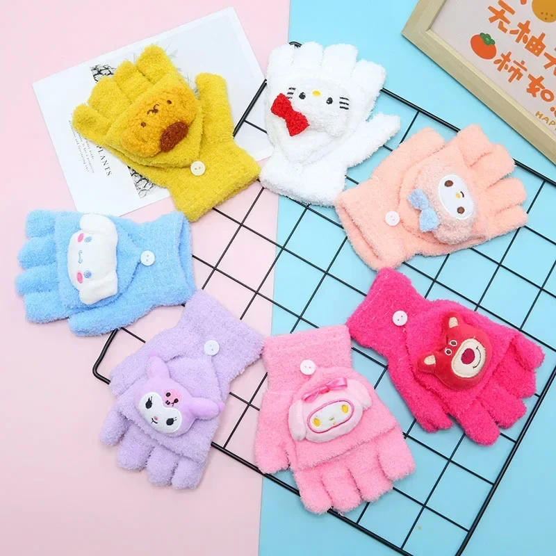 Sanrio Cinnamoroll Melody Kuromi Golves Women Kawaii Cartoon Warm Flap Open Half Finger Hello Kitty Y2k Knitted Coldproof Gloves