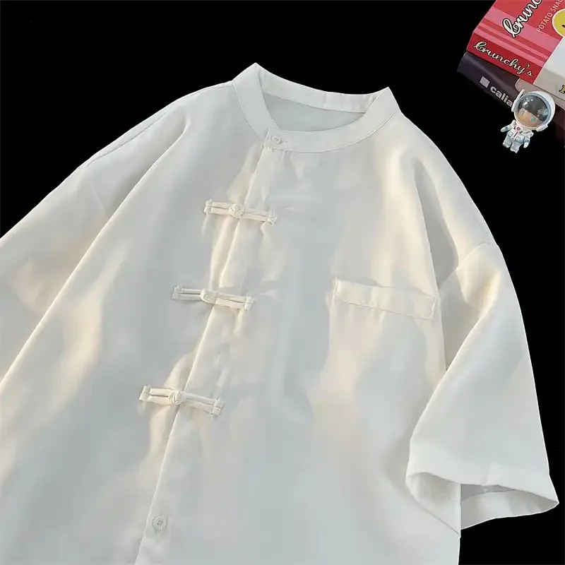 

Summer Men's Chinese Style Shirt Oversized Short Sleeve Tang Suit Top with Frog Buttons