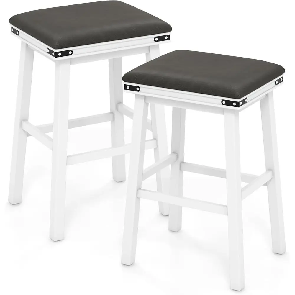 Set of 2 White 30-inch Upholstered Bar Stools with PU Leather Seats and Solid Wood Legs for Kitchen Island or Home Bar