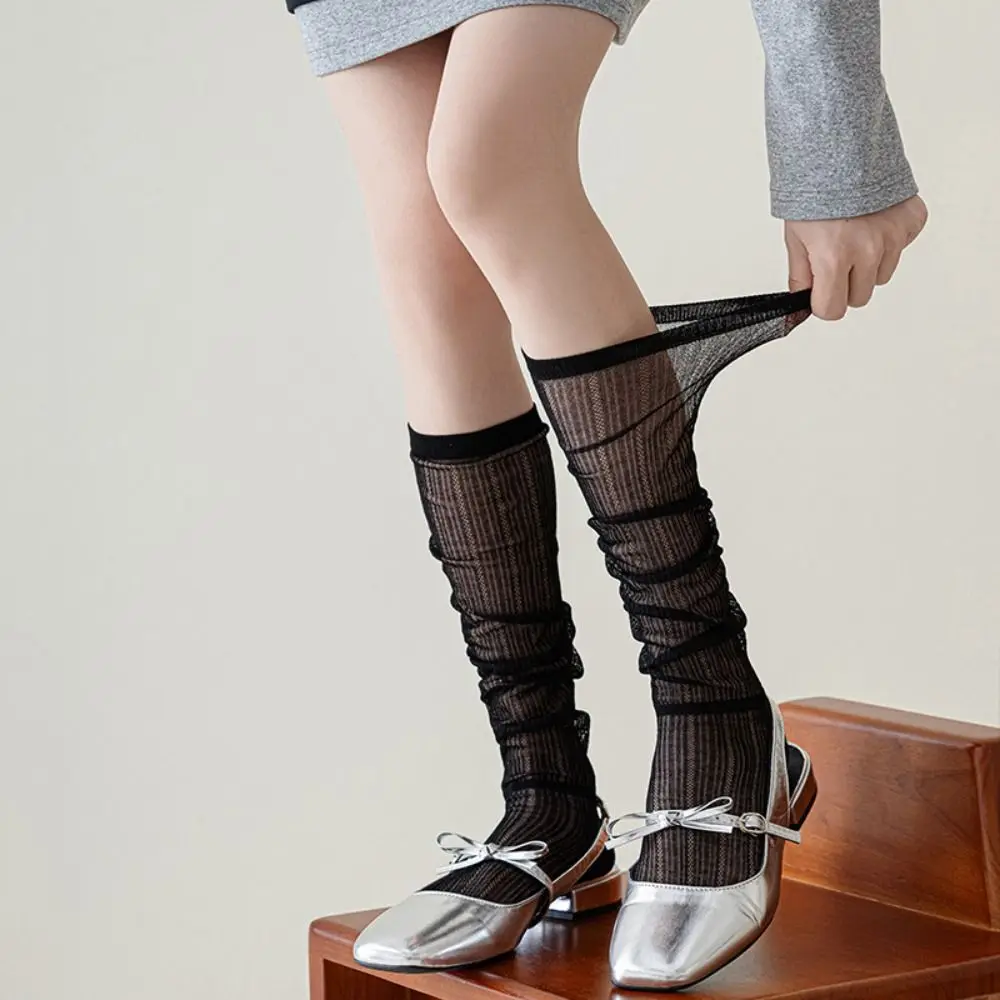 Skarpetki Lolita JK do połowy łydki z siateczki, jednolite, ultracienkie, podkolanówki, skarpetki z marszczeniem, japońskie skarpetki do połowy łydki, baletki