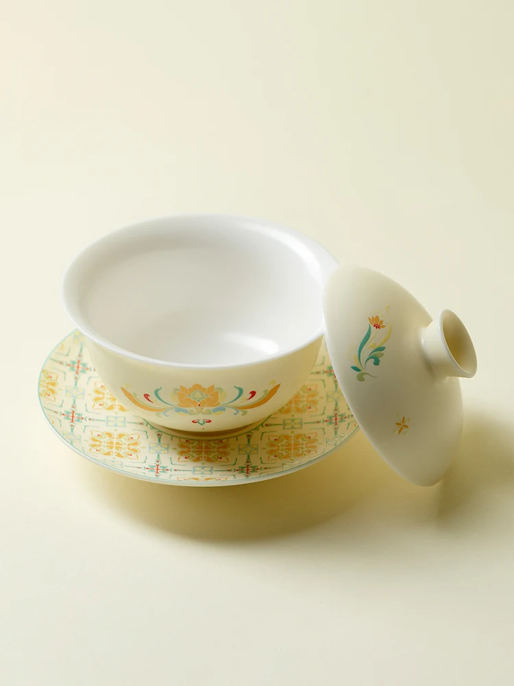 

New Chinese Style Treasure Pattern Gaiwan High-Grade Ceramic Egg-Shell Porcelain Non-Scalding Set Brewing Bowl