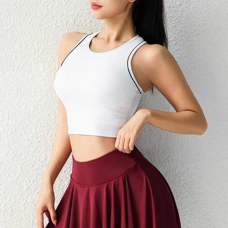 

Женский встроенный бюстгальтер на бретельках для йоги, противоударная майка для бега с фиксированными подушечками, дышащий быстросохнущий укороченный топ для тренировок по пилатесу