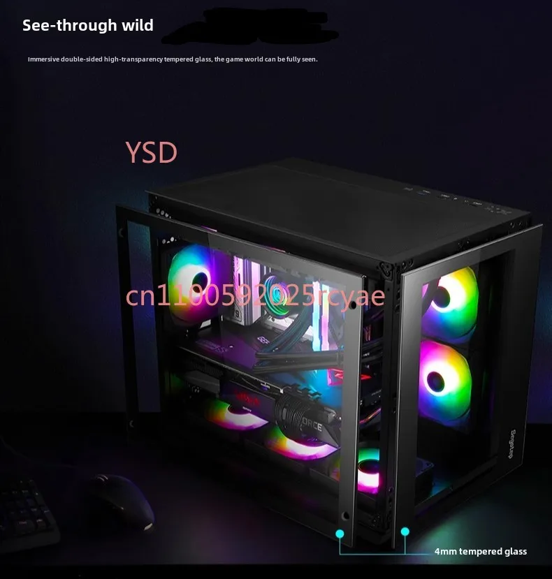 Desktop computer case with double-sided tempered glass, suitable for 360 water cooling, and can hold graphics cards。