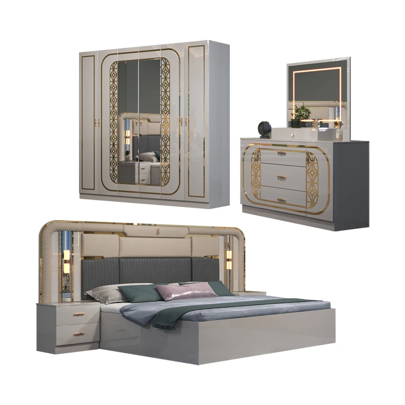 &High Quality Queen Size Double Wooden Bed Set Wooden Frame Modern Luxury Full Home Mdf King Bedroom Furniture Set - view 3