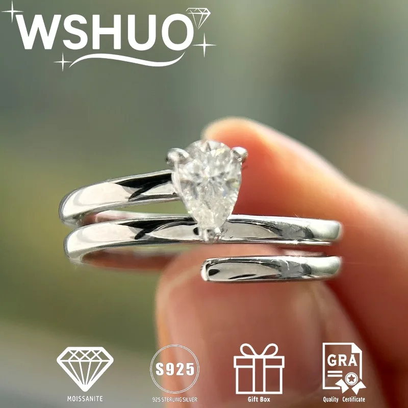 

WSHUO 0.5CT Pear Cut Real Moissanite Solitaire Rings 100% 925 Sterling Silver 18K Gold Plated Diamond Female Tail Ring Women