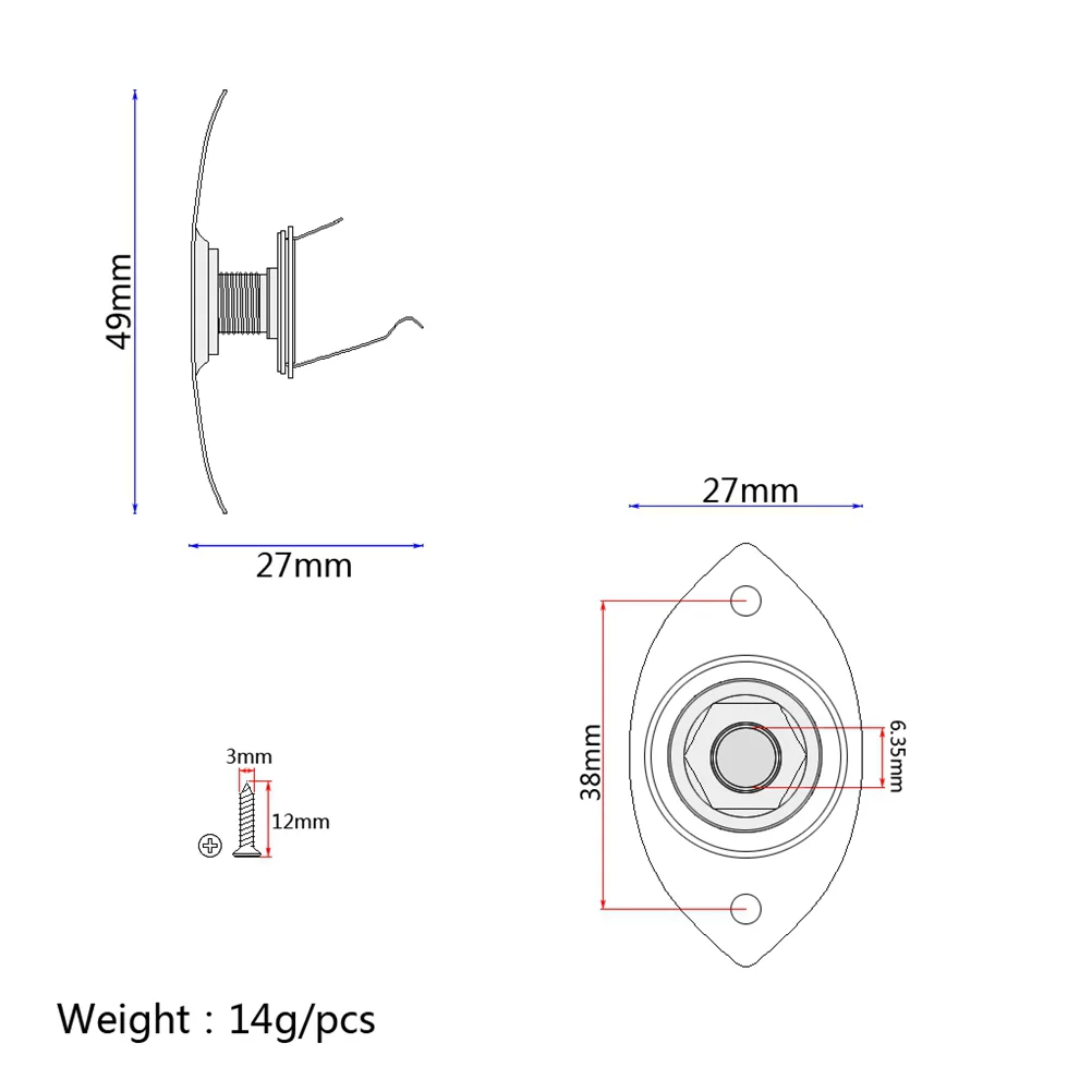 Indented 1/4 Inch Oval Guitar Pickup Output Input Jack Plug Socket 635mm With 2 Mounting Screws for Electric Guitar Bass (Golde