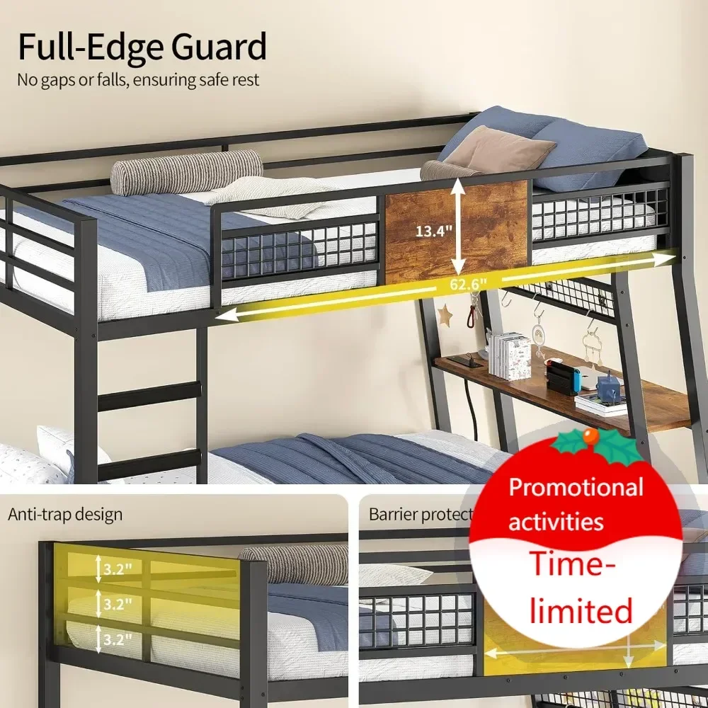 

Горячая распродажа: Двухъярусная кровать с рабочим столом, металлическая двухъярусная кровать Twin over Twin с розетками, RGB LED-подсветкой, 2 большими выдвижными ящиками для хранения.