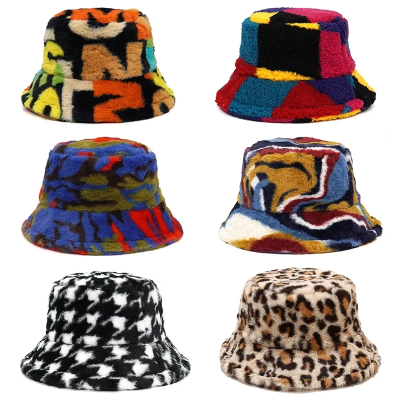 2024New Winter Bucket-Hats Fluffy Fur Men Women Panama Hat Fashion Warm Fisherman Cap Letter Rainbow Houndstooth Leopard Printed