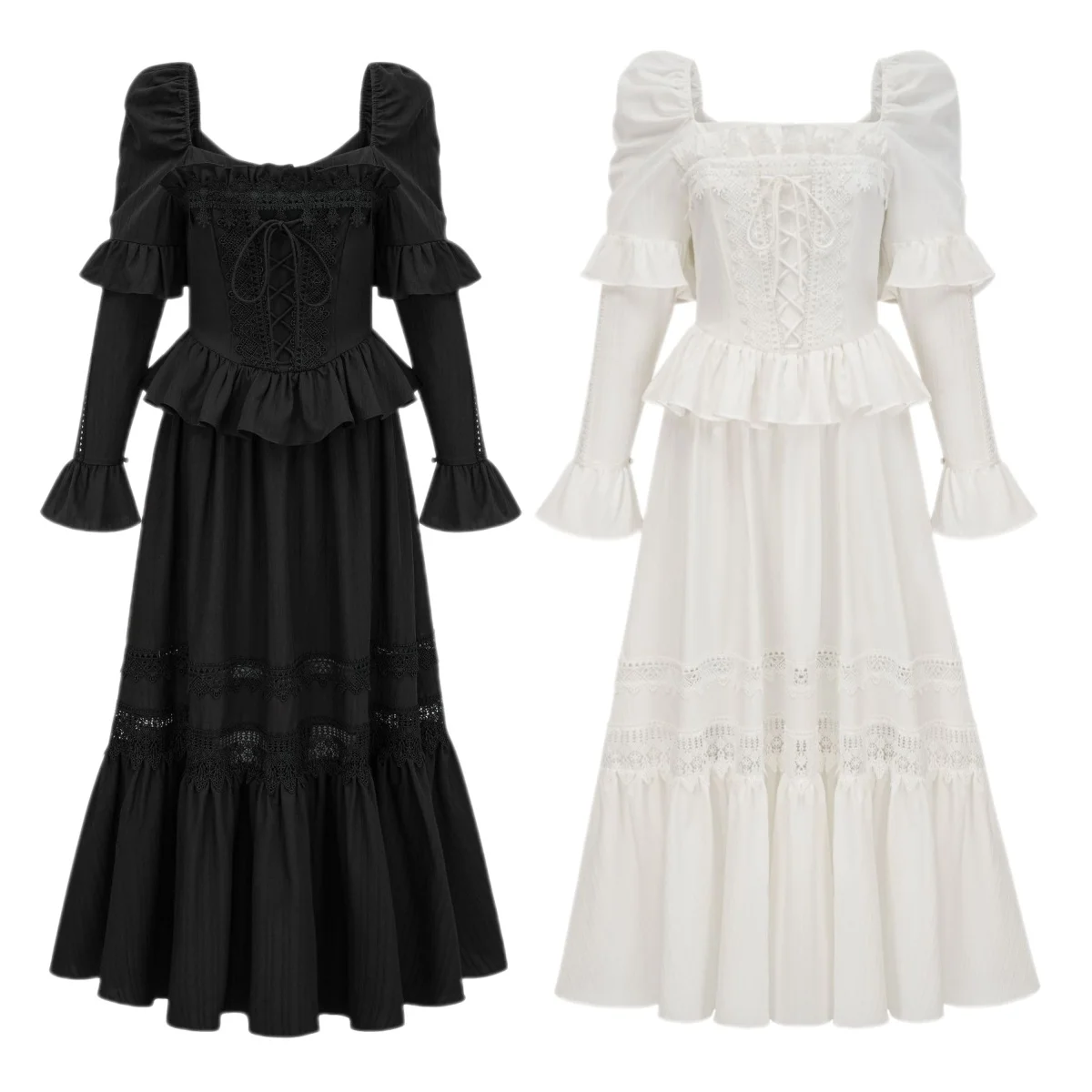 

Medieval Renaissance Women's Mesh Long Sleeve Square Neck Dress High Waist Flare Business Casual Party Dress