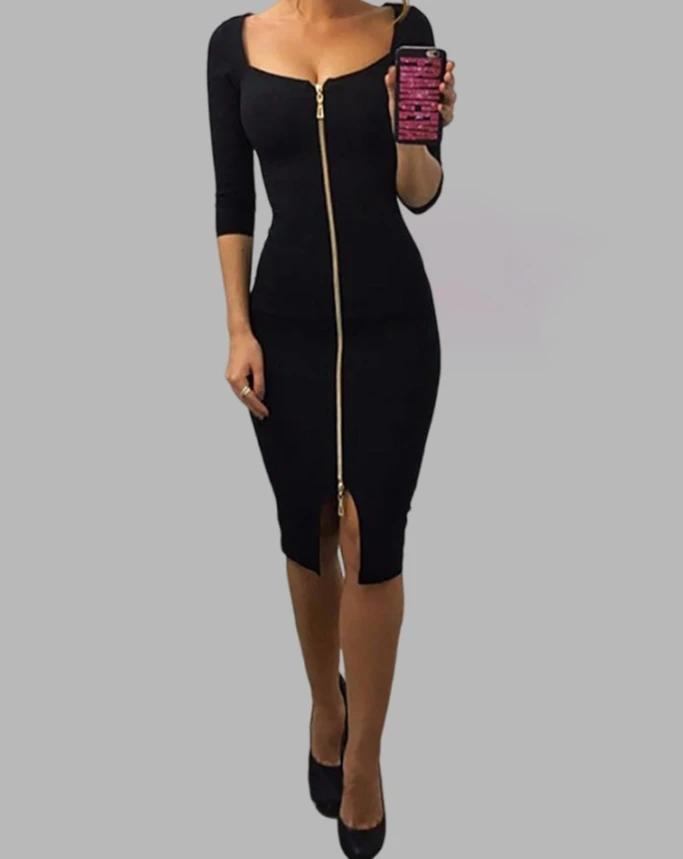 Elegant Women's Dresses Autumn Casual Commuter Square Neck Half Sleeve Zipper Split High Waist Dress Sexy Women's Bodycon Dress