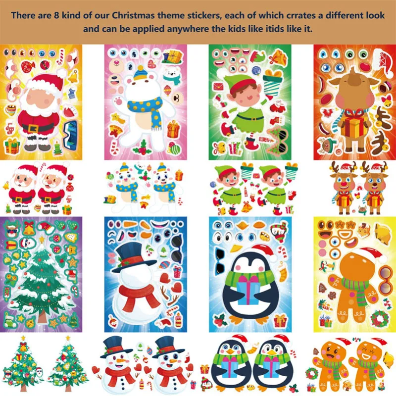 Creative Make A Face Stickers Christmas Game Activities for Holiday Kids Cartoon Bear Penguin Snowman Santa Claus Puzzle Decals