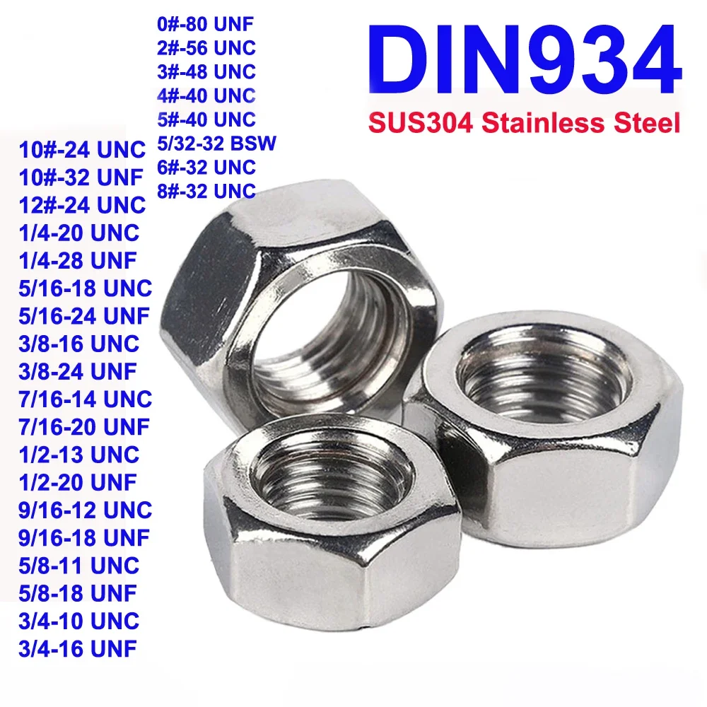 

DIN934 GB6170 Hexagon Nuts 0#-80 to 12#-24 1/4-20 to 3/4-10 UNC/UNF/BSW Thread SUS304 Stainless Steel Hex Nut
