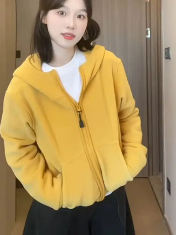Moletom com capuz amarelo feminino solto zíper casual top outono inverno coreano sle preguiçoso faion streetwear agasalhos suores confortáveis...