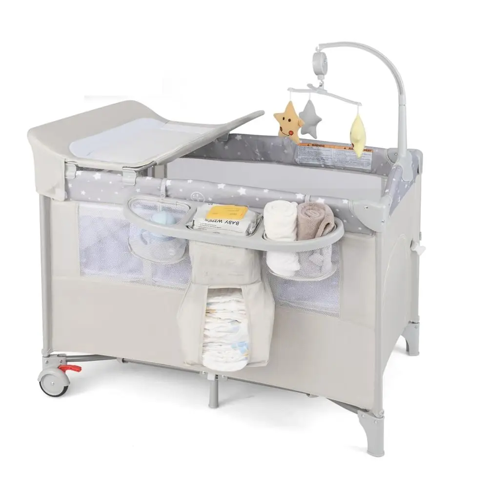 

Портативное детское игровое доска 5-в-1 с люлькой, подгузниками и прикроватным спальным местом для новорожденных и малышей — бежевый