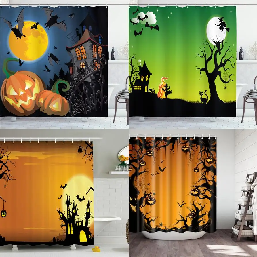 Happy Halloween Shower Curtain Pumpkin Horror Castle Bat Moon Night Tree Gothic Polyester Fabric Decor Bathroom Curtains Sets