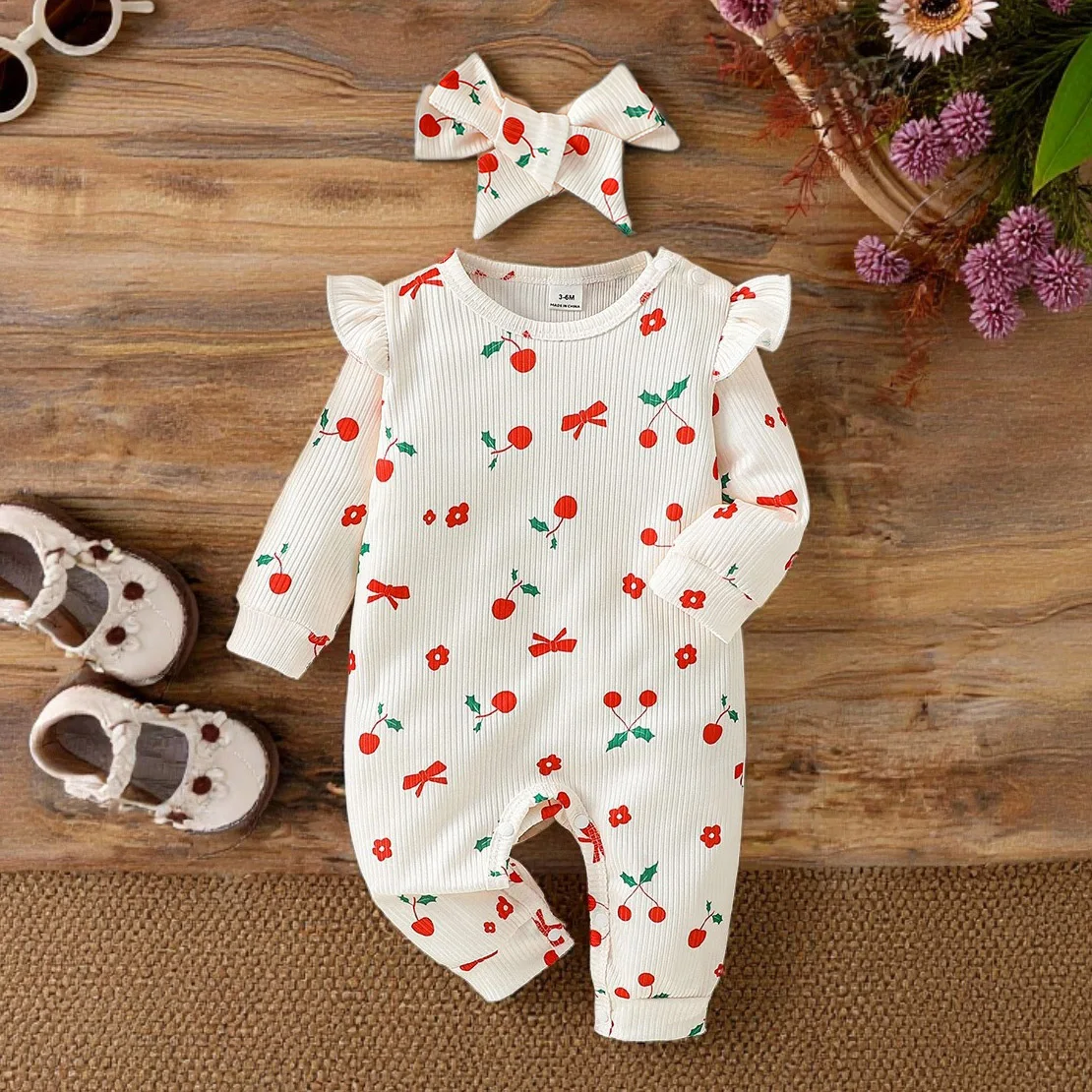 

2025 Cute Baby Girls Rompers Long Sleeve Outwear Newborn InfantPrint Cherry Jumpsuits Two Pieces Spring Autumn For 0-1Y