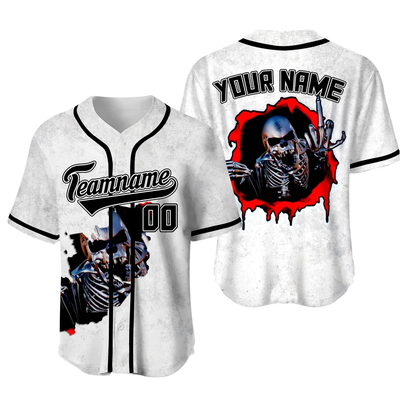 White Finger Skull Baseball Tshirt Men Retro Custom Jerseys Design Hip Hop Streetwear Fashion Shirt Sportwear Baseball Uniform