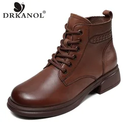 DRKANOL 2026 Fashion Women Boots Autumn Winter Warm Plush Shoes British Style Genuine Cow Leather Soft Comfort Trend Ankle Boots