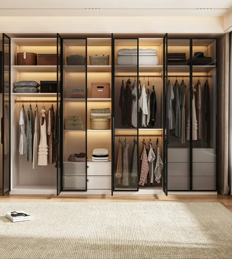 

Modern Design Luxury Bookcase Simple Glass Door Solid Wood Floor Standing Light Open Bookshelf Integrated Wall Storage