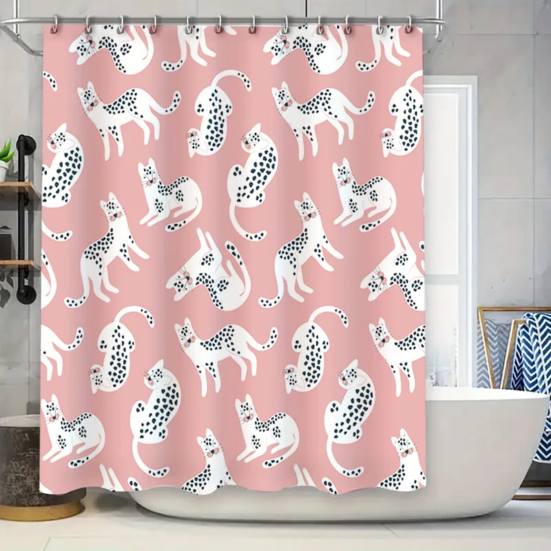 

Розовая занавеска для душа с рисунком белых кошек и собак, декоративный водонепроницаемый полиэстер для дома, аксессуары для ванной комнаты