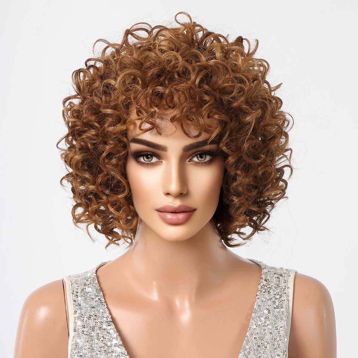 Kinky Curly Bomb Synthetic Wigs Short Bob Golden Brown Afro Wig with Bangs Deep Wave Hair for Black Women Brazilian Daily Use