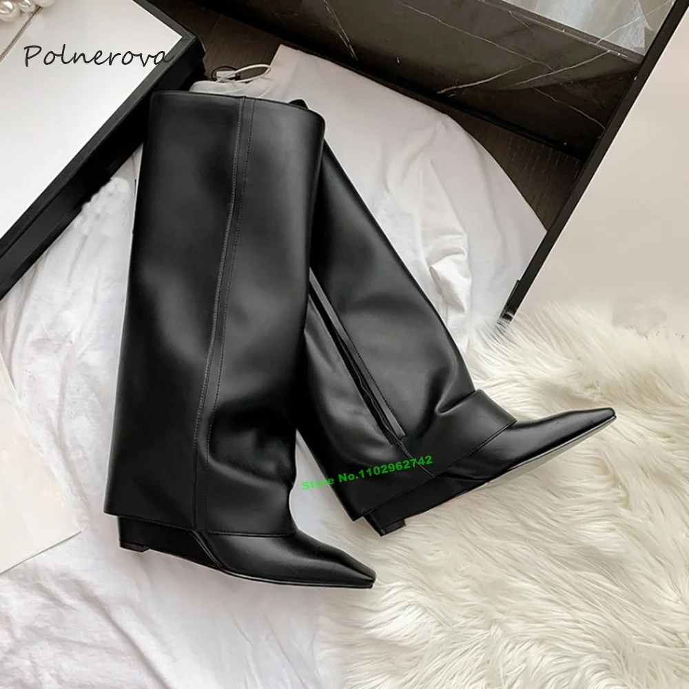 Black Wedges Knee High Modern Boots Fashion Patent Leather Pointy Toe Boot Runway Banquet Shoes for Women 2023 Autumn Winter