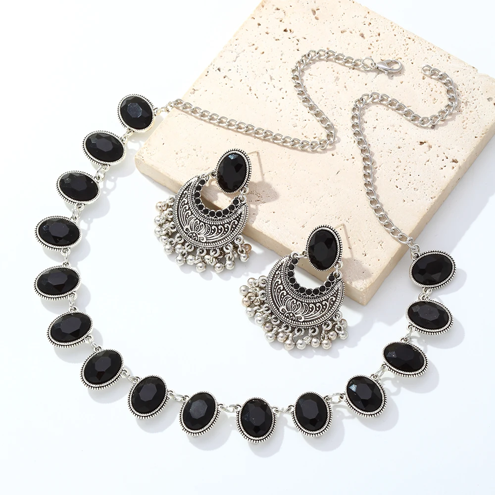 Luxury Black Beads Rhinestone Wedding Jewelry Set Jhumka Earrings Geometric Statement Necklace Indian Crystal Bridal Jewelry Set