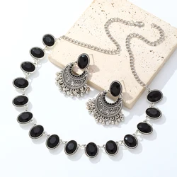 Luxury Black Beads Rhinestone Wedding Jewelry Set Jhumka Earrings Geometric Statement Necklace Indian Crystal Bridal Jewelry Set