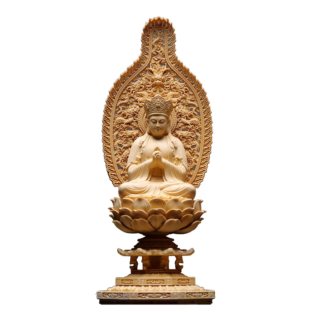 Estátua de Mahavairocana (Kuan Yin) com Painel Nove Dragões, esculpida em madeira de cipreste Hinoki. Para culto em casa ou templo.