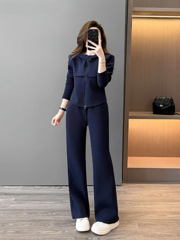 

La Chapelle Premium Feel Casual Sportswear Set Women's Spring Autumn Winter Fleece Blue Hoodie Long Sleeve Zipper Closure