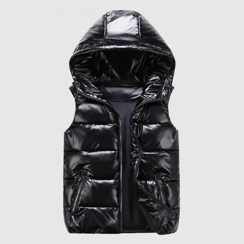 Men Cotton Vest Autumn Winter Hooded Sleeveless Zipper Placket Jacket with Pockets Solid Color Glossy Finish Down Quilted Vest C