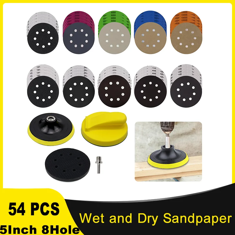 

54 Pcs Wet and Dry Sandpaper Kit 5 Inch 8 Holes 100-10000 Grit with Backing Pad and Soft Foam Buffering Pad for Grinding Wood