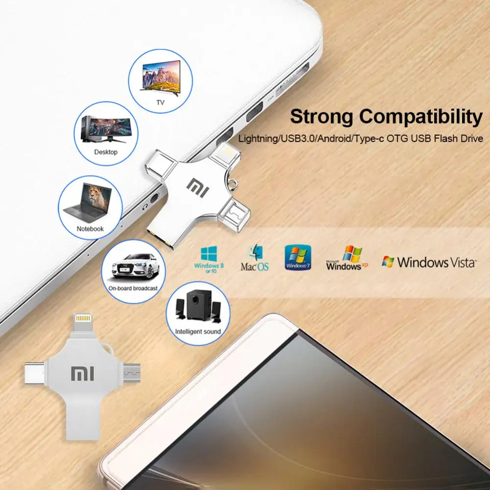 MIJIA-Xiaomi Tipo-C OTG USB Flash Drive, Memory Stick para iPhone, Android, PC, Micro USB 3.0 Pendrive, 4 em 1, 2TB, 3.0