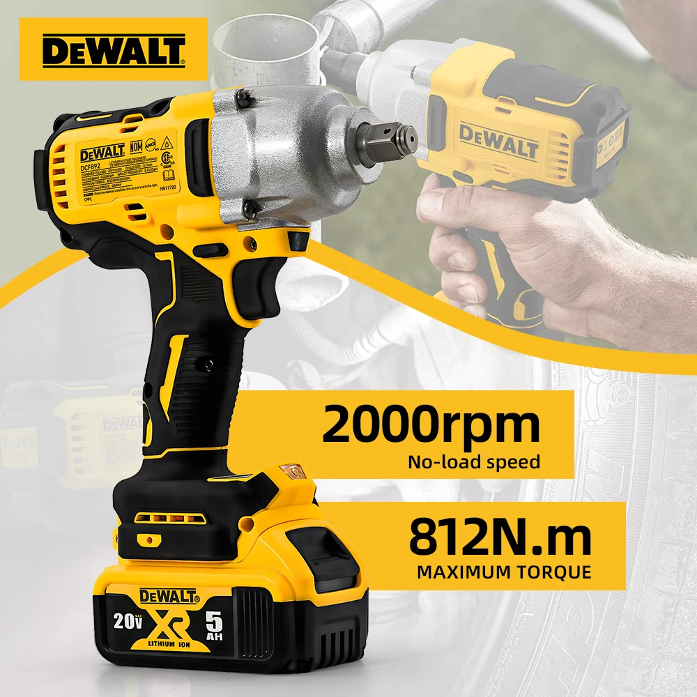 Dewalt 전기 임팩트 렌치, 브러시리스 무선 렌치, 스크루드라이버 전동 공구, 높은 토크, 1/2 인치, 20V 배터리, DCF892, 810N.m