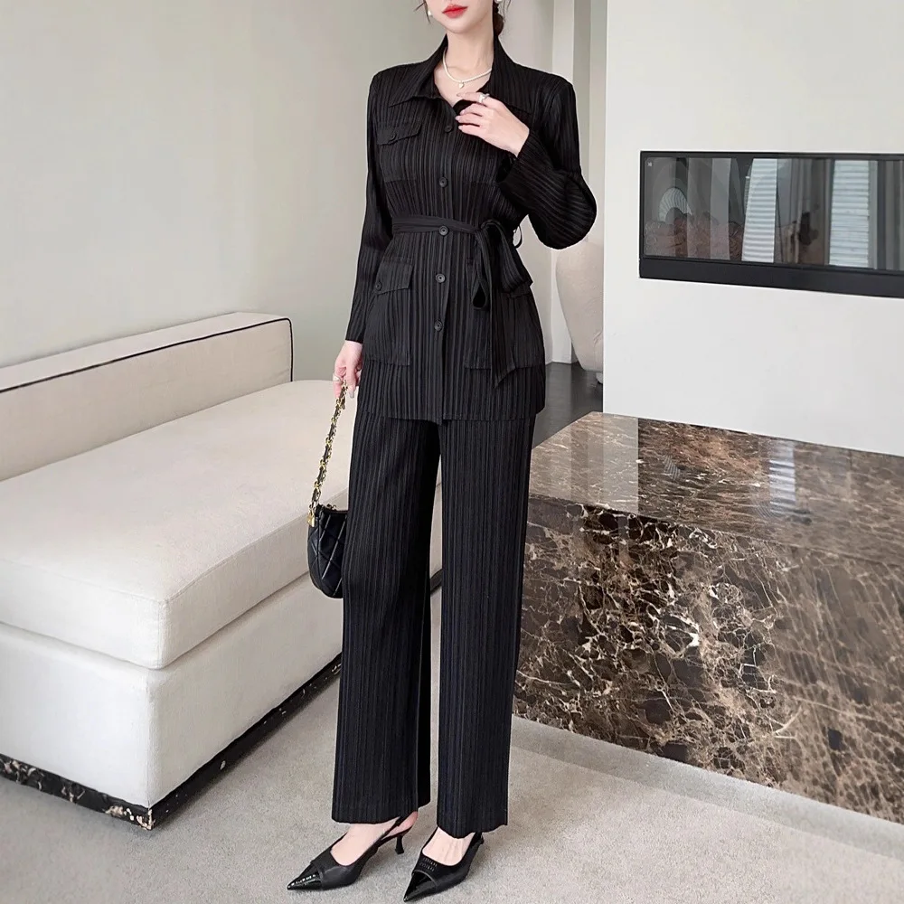 

Miyake Fashion Suit Women's High-end Elegant Long-sleeved Shirt Collar Top High Waist Drape Straight Pants Two-piece Set