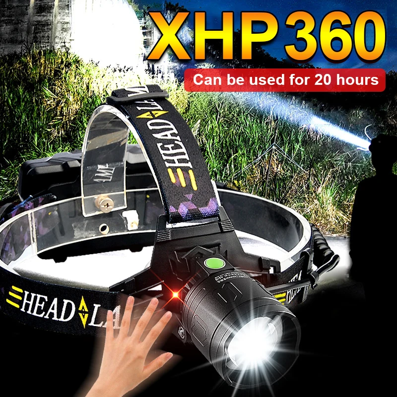 

2024 IR Sensor XHP360 Powerful LED Headlamp Rechargeable Headlight 18650 Head Flashlight Torch Usb Fishing Head Lamp Use 18 hour