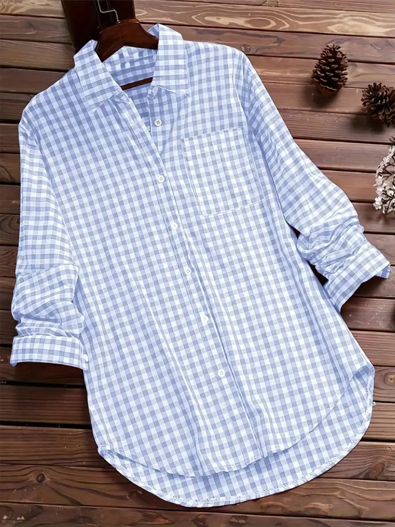 

Plus Size Women's Blue and White Gingham Casual Long Sleeve Shirt
