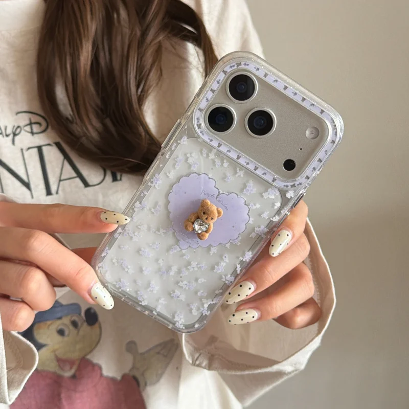 

Romantic Purple Flowers Cute 3D Bear Phone Case For iPhone 17 Pro 16 15 14 Pro Max Back Cover Shockproof Cartoon Protective Case
