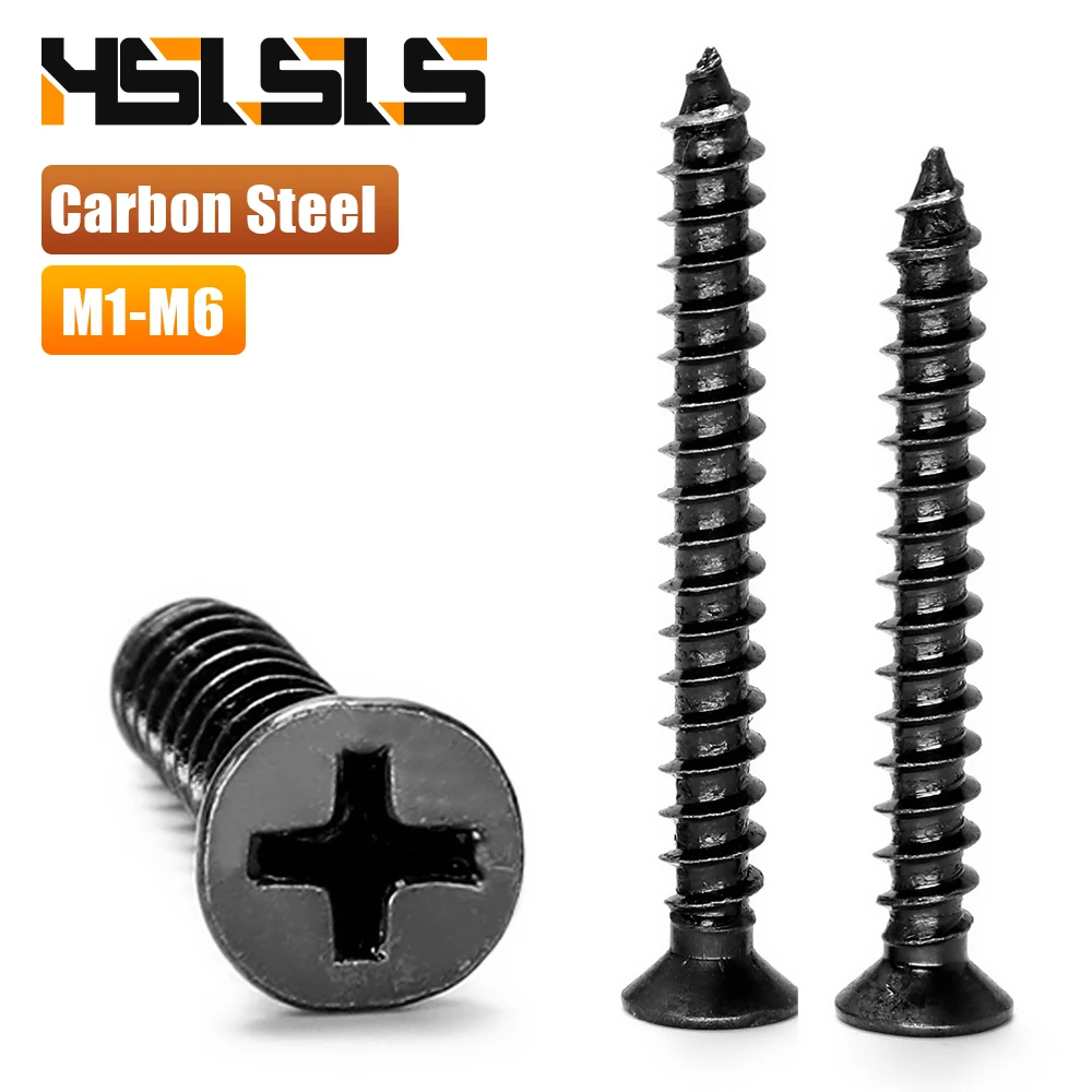 M1-M5 20-100pcs Cross Flat Head Self-tapping Screw 4.8 Grade Black Steel Phillips Countersunk Small Screw for Electronic Repair