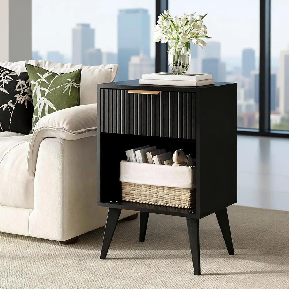 Solid Wood Mid-Century Nightstand with Drawer, Fluted Design for Bedroom and Living Room, Black CTG56BK