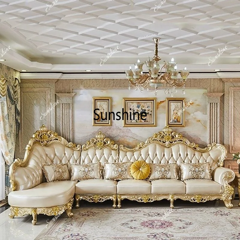 

Комплект мебели для гостиной Royal: Французский роскошный классический резной деревянный диван-трансформер с золотой рамой и обивкой из натуральной кожи для вилл*