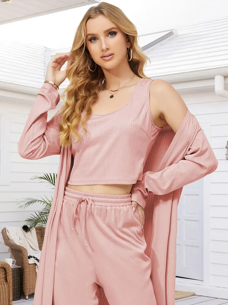 

Giolshon Women Pajamas 3 Piece Sets Homewear Casual Crop Tops Tank Outfits Loungewear Loose Open Front Cardigan Lady Sleepwear