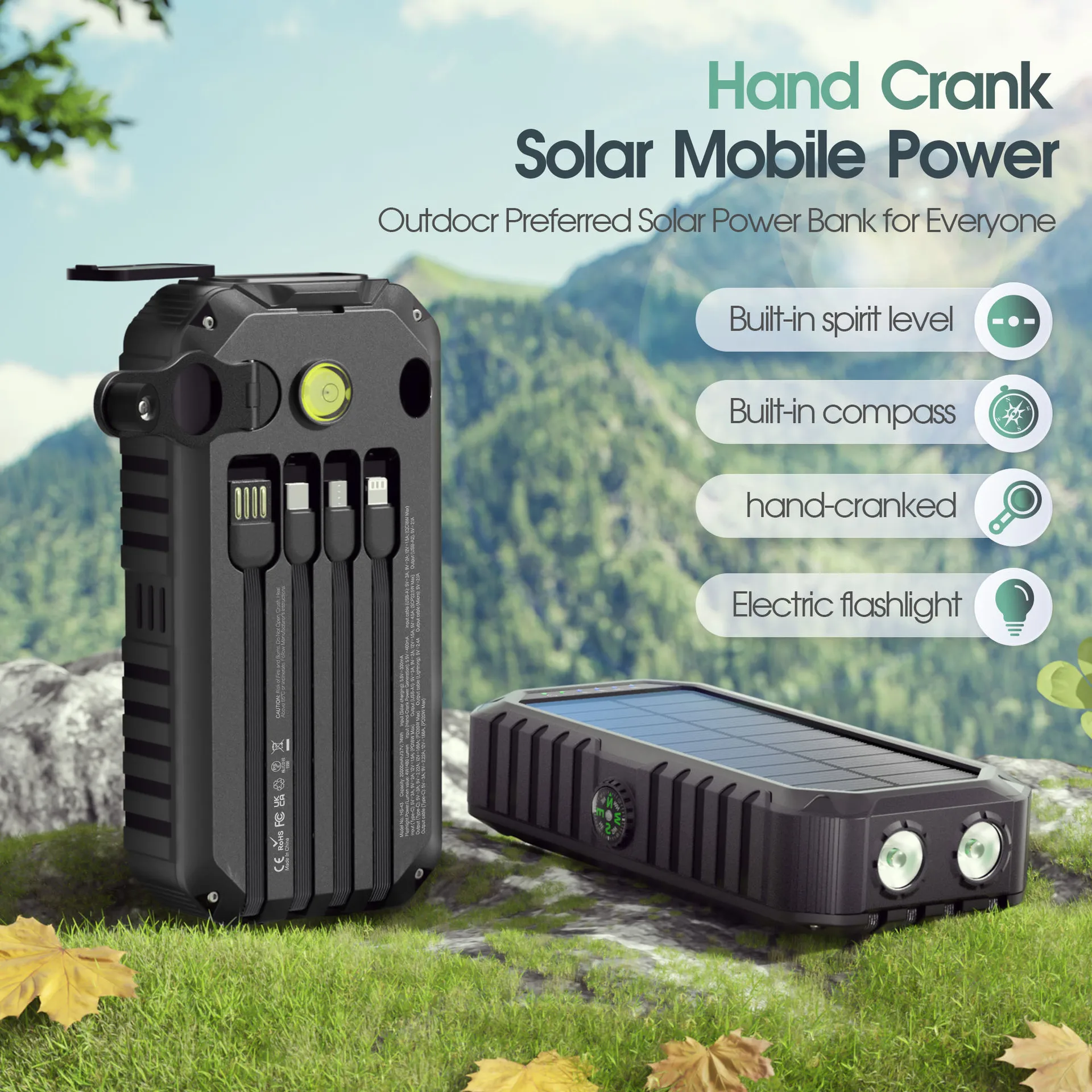 20000mAh Hand Crank Solar Power Bank with Cables LED Light Outdoor External Battery Charger for iPhone Samsung Xiaomi Powerbank