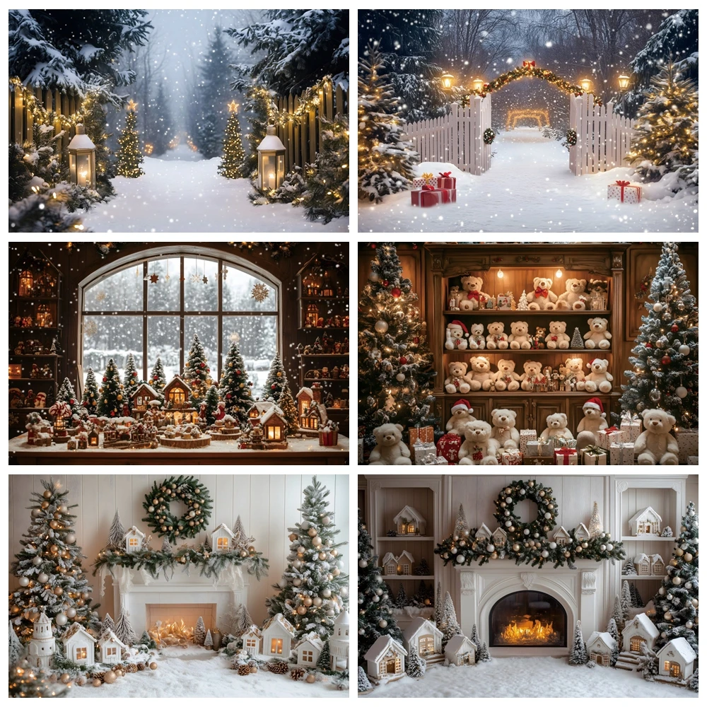 

Christmas Tree Fireplace Photography Background Winter Snow Scene Xmas Kids Family Portrait Decor Backdrop Photo Studio Props